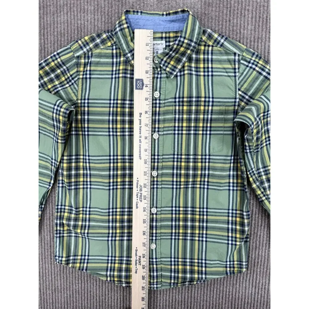 Carter's Boys Plaid Button-Down Shirt Size 8 Green Yellow Check Long Sleeve